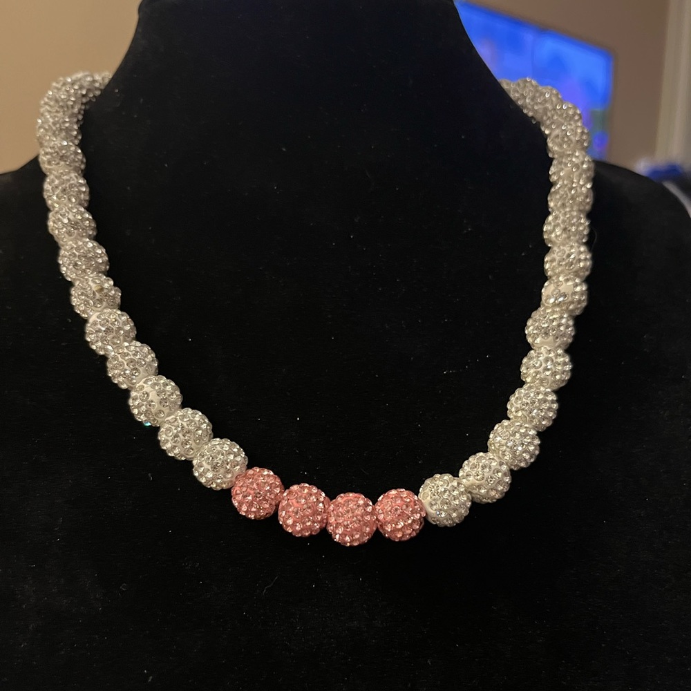 Silver and pink rhinestone beaded necklace